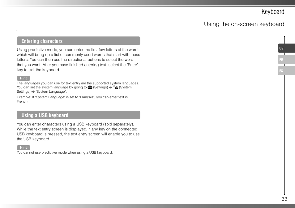 Keyboard, Using the on-screen keyboard | Sony 40GB Playstation 3 CECHH01-1.90 User Manual | Page 33 / 100