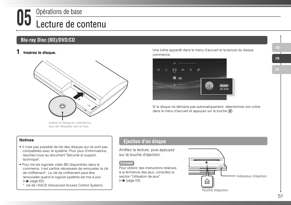 Lecture de contenu, Opérations de base | Sony 40GB Playstation 3 CECHH01-1.90 User Manual | Page 51 / 100