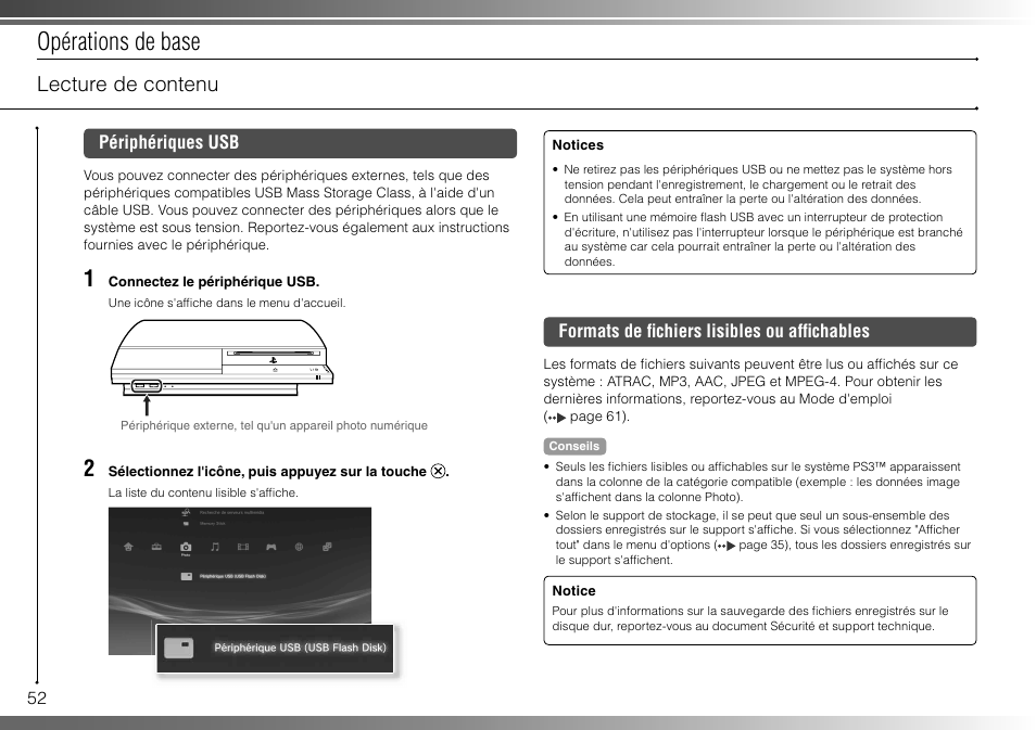 Opérations de base, Lecture de contenu | Sony 40GB Playstation 3 CECHH01-1.90 User Manual | Page 52 / 100