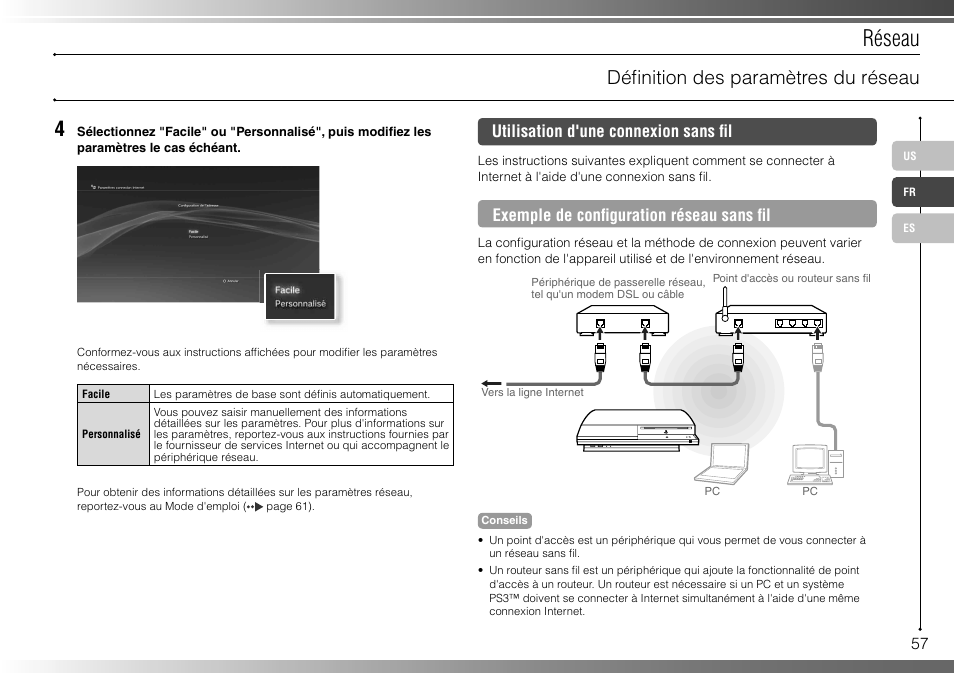 Réseau, Défi nition des paramètres du réseau | Sony 40GB Playstation 3 CECHH01-1.90 User Manual | Page 57 / 100