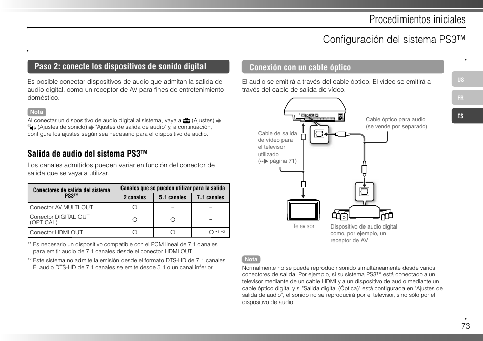 Procedimientos iniciales, Confi guración del sistema ps3, Paso 2: conecte los dispositivos de sonido digital | Salida de audio del sistema ps3, Conexión con un cable óptico | Sony 40GB Playstation 3 CECHH01-1.90 User Manual | Page 73 / 100
