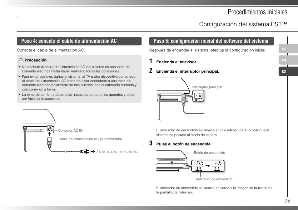 Procedimientos iniciales, Confi guración del sistema ps3 | Sony 40GB Playstation 3 CECHH01-1.90 User Manual | Page 75 / 100