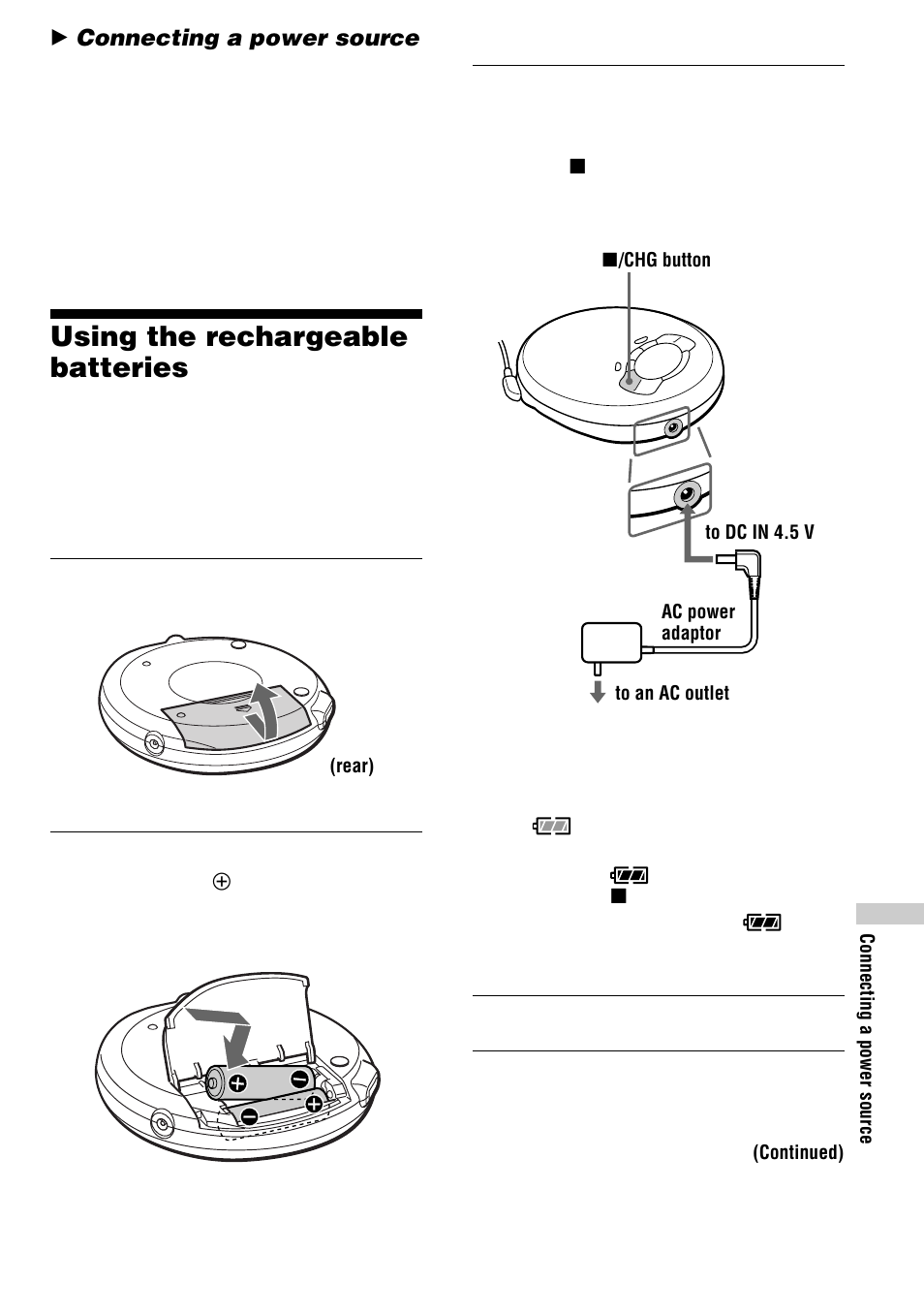 Connecting a power source, Using the rechargeable batteries | Sony D-VJ65 User Manual | Page 27 / 36