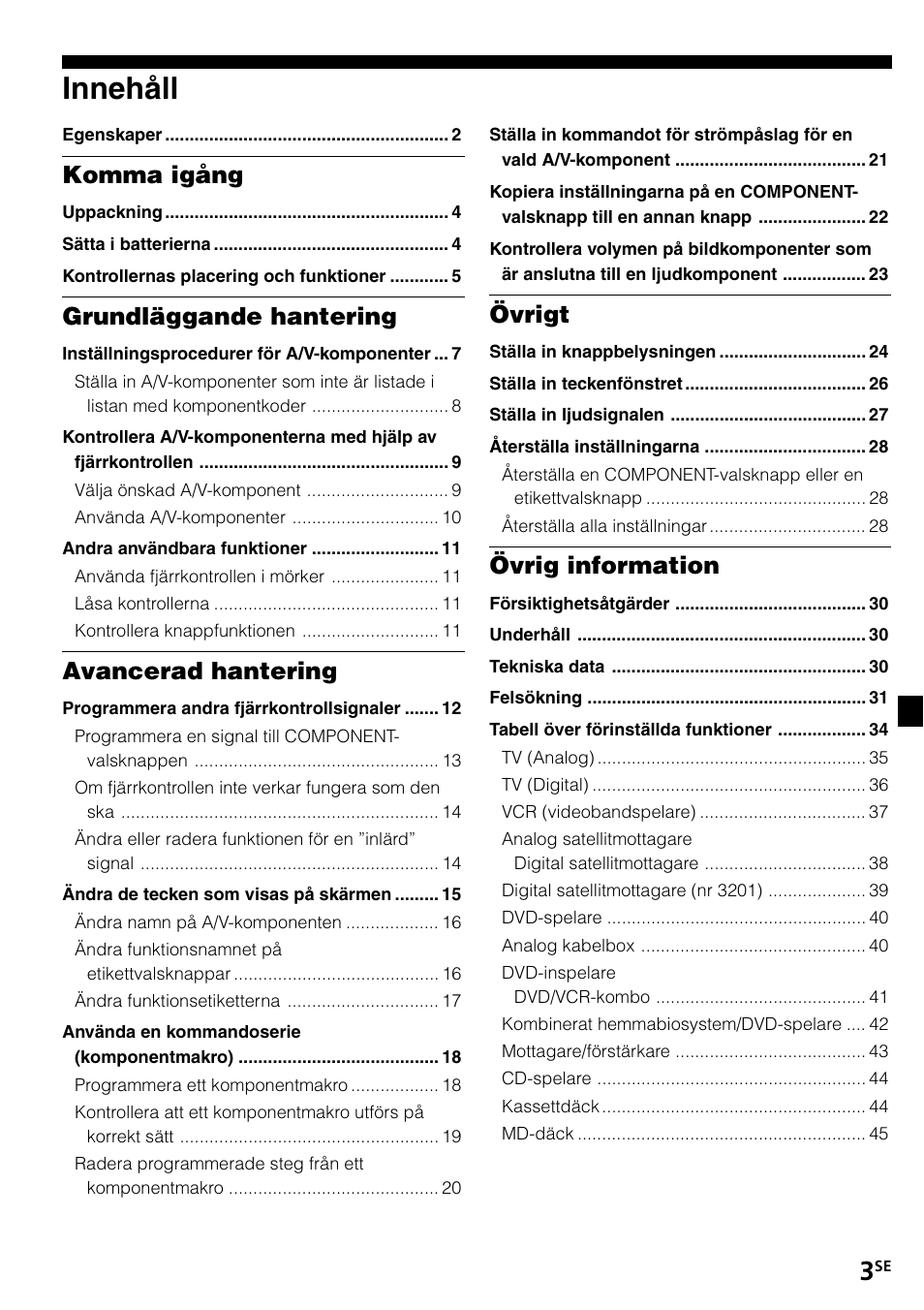 Innehåll, Komma igång, Grundläggande hantering | Avancerad hantering, Övrigt, Övrig information | Sony RM-VL1400T User Manual | Page 135 / 180