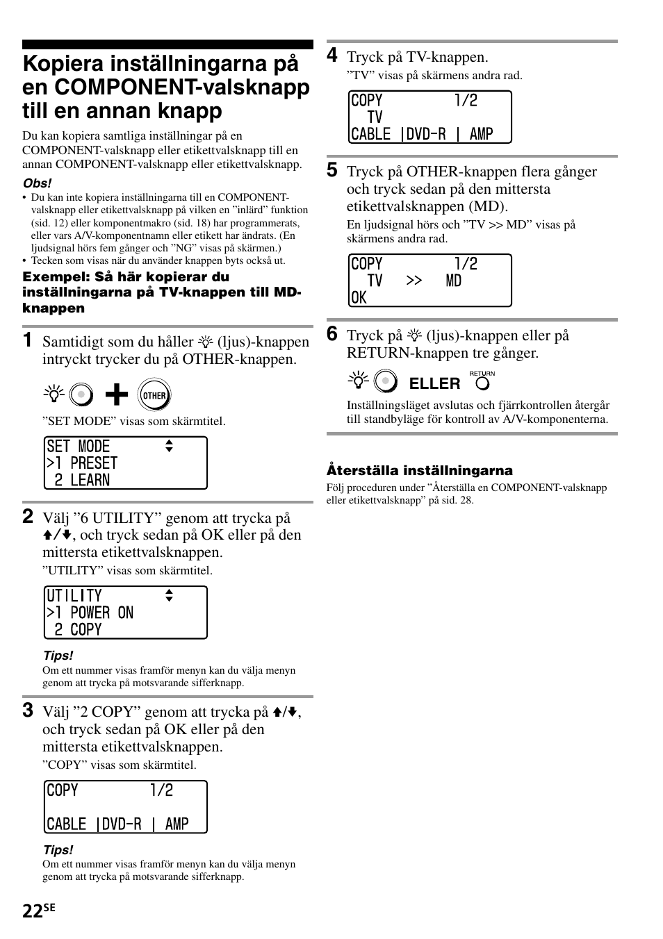 Kopiera inställningarna på en component, Valsknapp till en annan knapp | Sony RM-VL1400T User Manual | Page 154 / 180