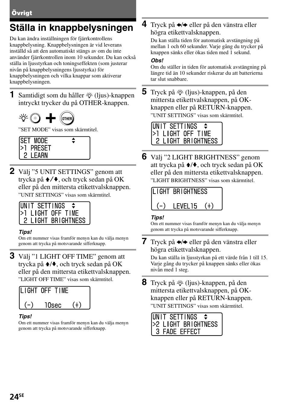 Övrigt, Ställa in knappbelysningen | Sony RM-VL1400T User Manual | Page 156 / 180