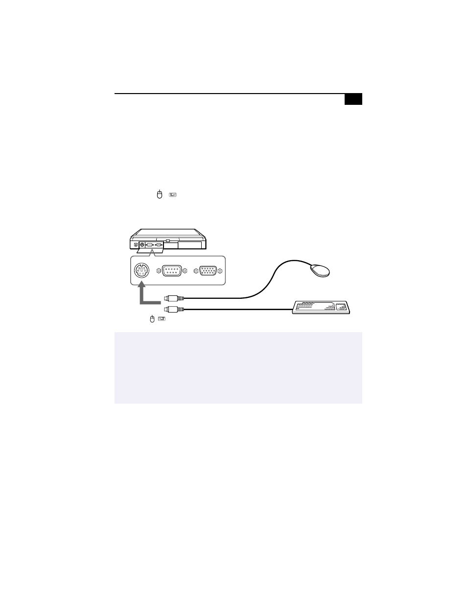 Connecting an external mouse or keyboard, To connect an external mouse or keyboard | Sony PCG-838 User Manual | Page 67 / 121