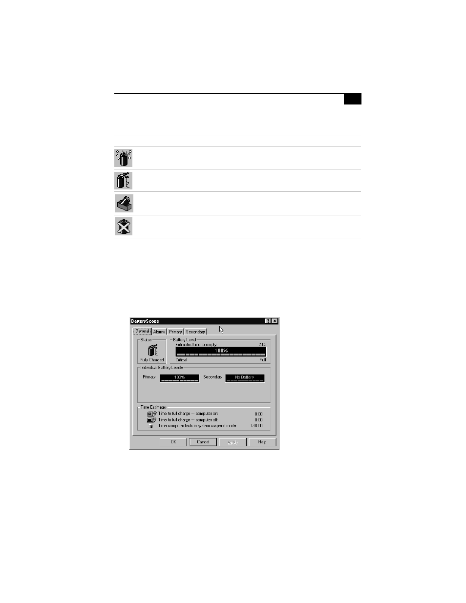 Battery icon descriptions, Displaying detailed battery information | Sony PCG-838 User Manual | Page 81 / 121