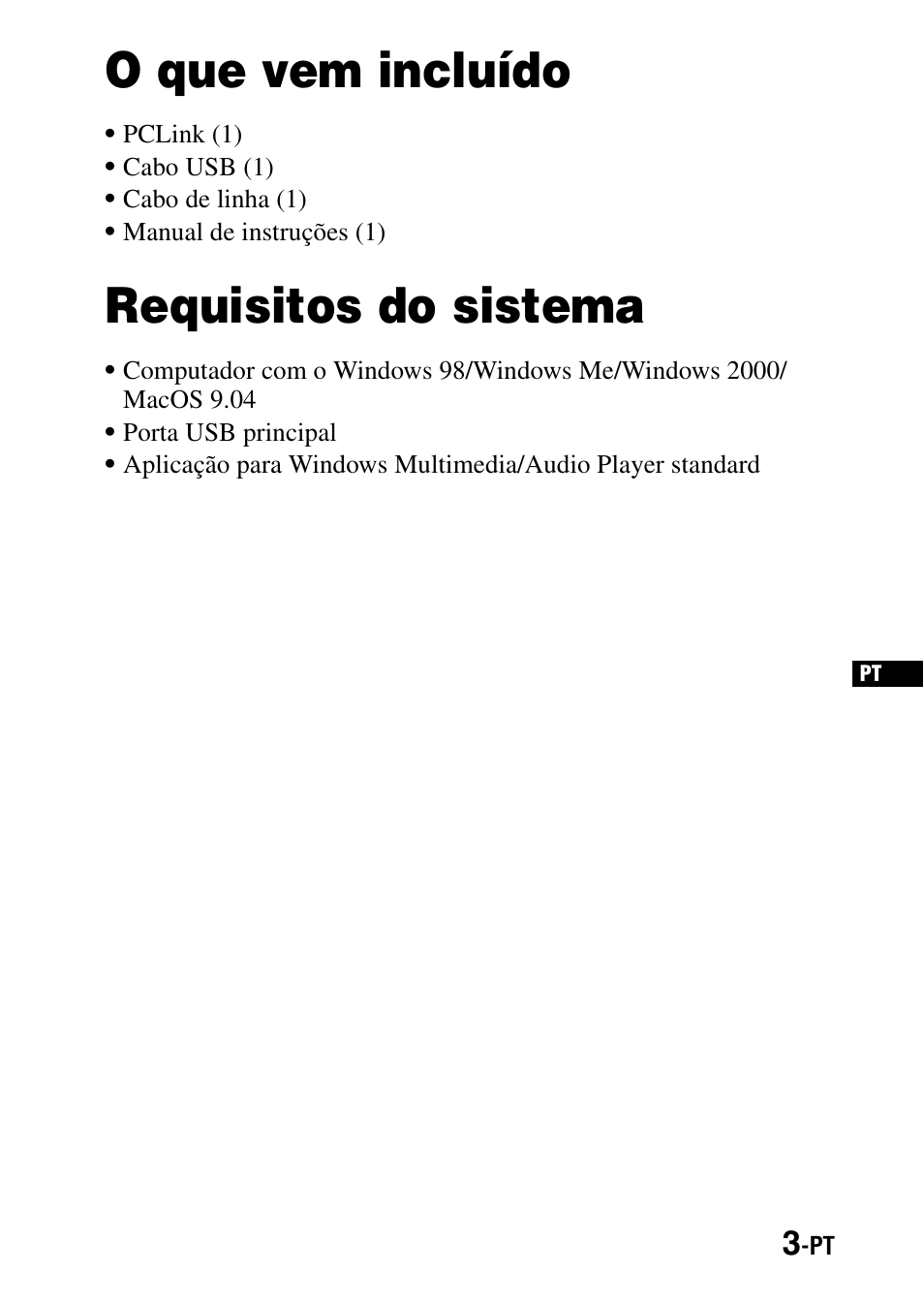 O que vem incluído, Requisitos do sistema | Sony PCLink User Manual | Page 59 / 76