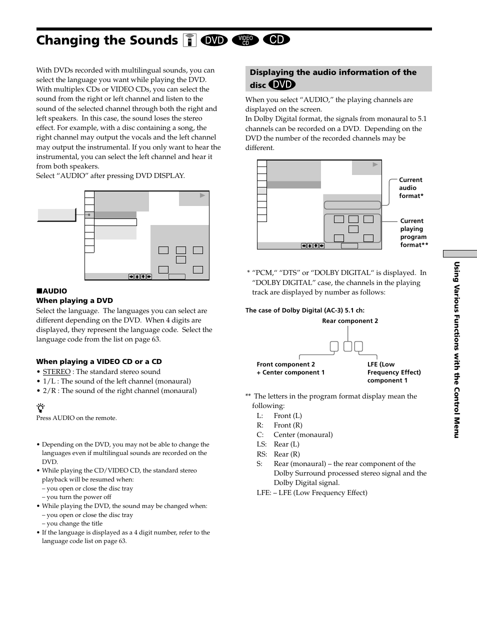 Changing the sounds, Changing the sounds 35, Changing the sounds z | Dolby digital 3 / 2. 1 | Sony DAV-S300 User Manual | Page 35 / 68
