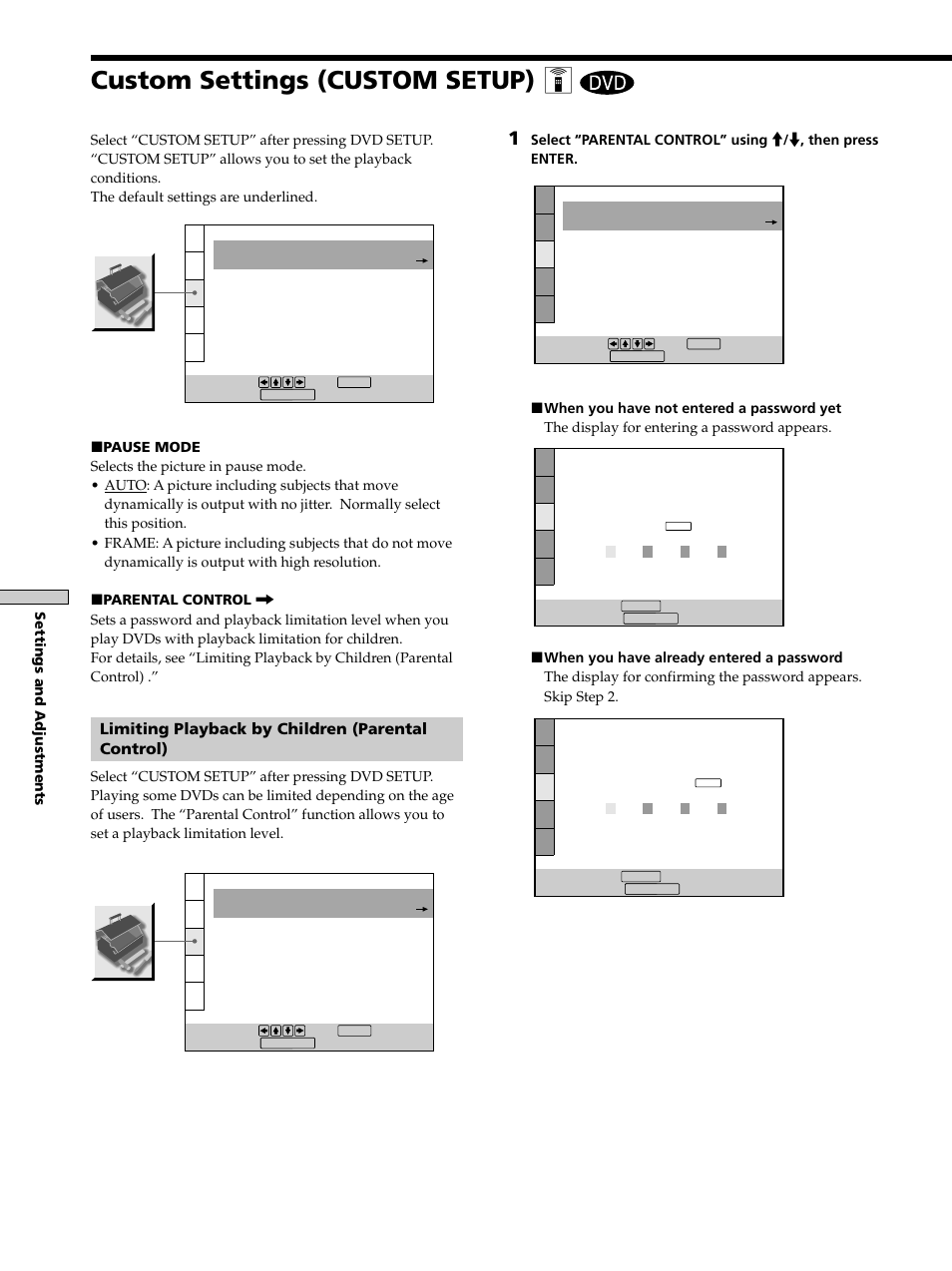 Custom settings (custom setup), Custom settings (custom setup) 46, Custom settings (custom setup) z | Limiting playback by children (parental control) | Sony DAV-S300 User Manual | Page 46 / 68