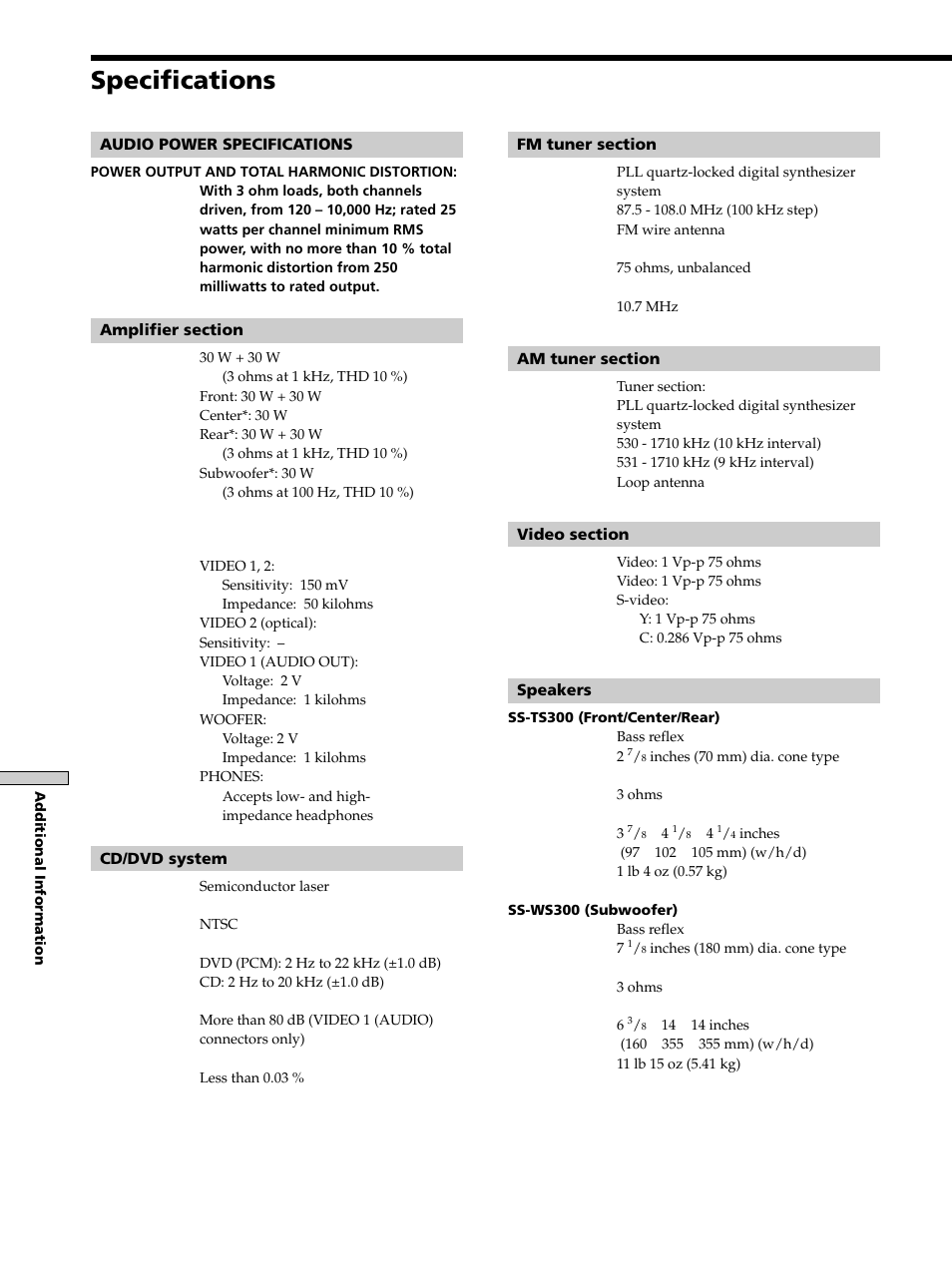 Specifications, Specifications 60 | Sony DAV-S300 User Manual | Page 60 / 68