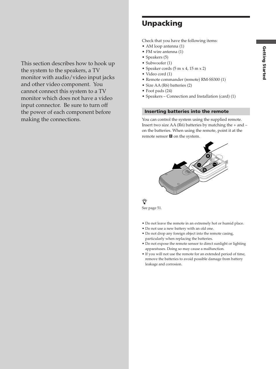 Getting started, Unpacking, Unpacking 7 | Sony DAV-S300 User Manual | Page 7 / 68