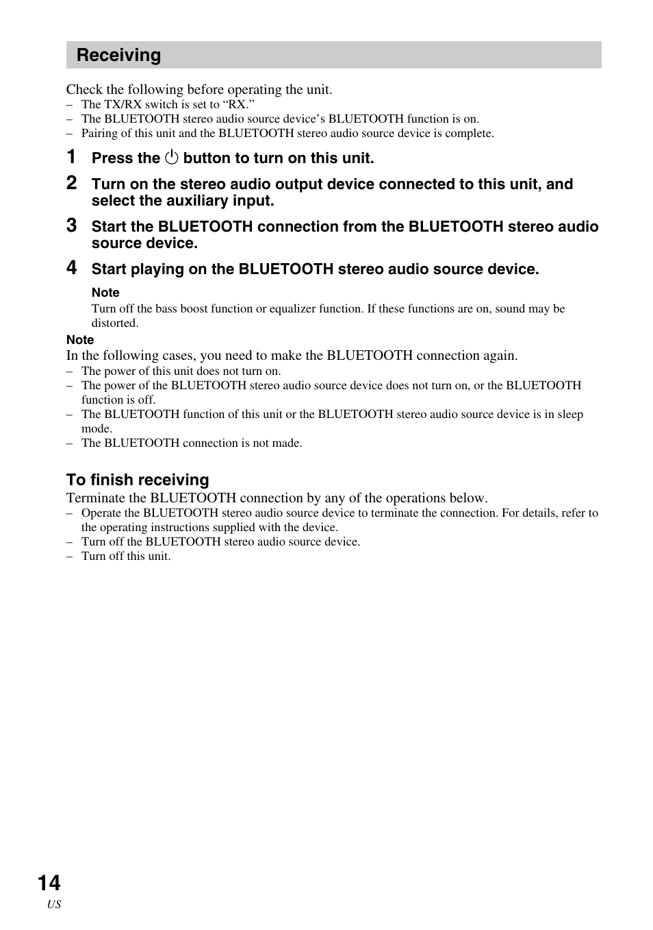 Receiving | Sony HWS-BTA2W User Manual | Page 14 / 68