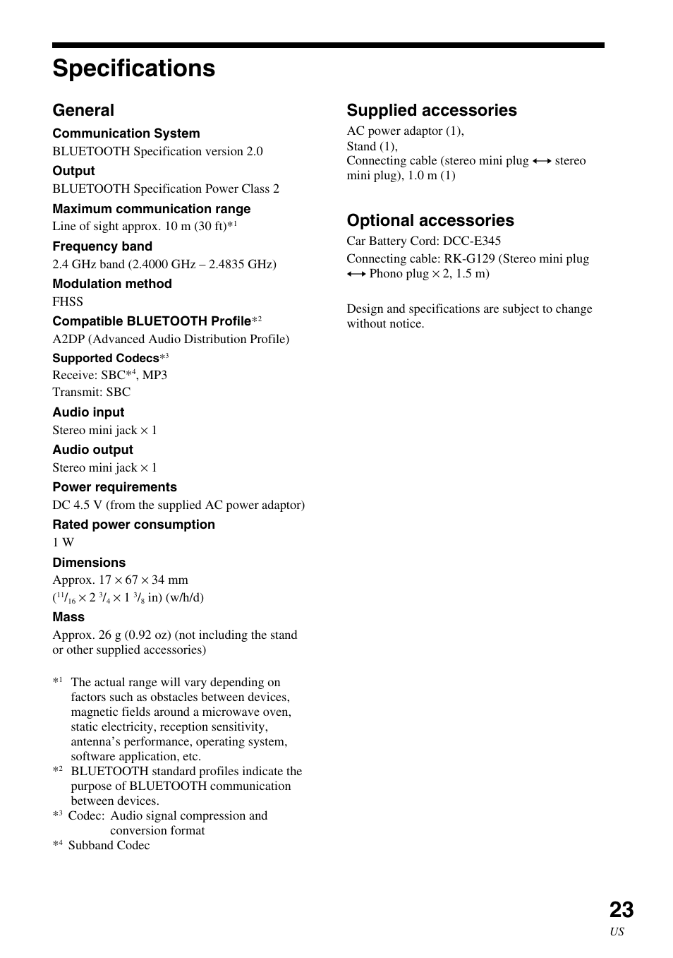 Specifications, General, Supplied accessories | Optional accessories | Sony HWS-BTA2W User Manual | Page 23 / 68