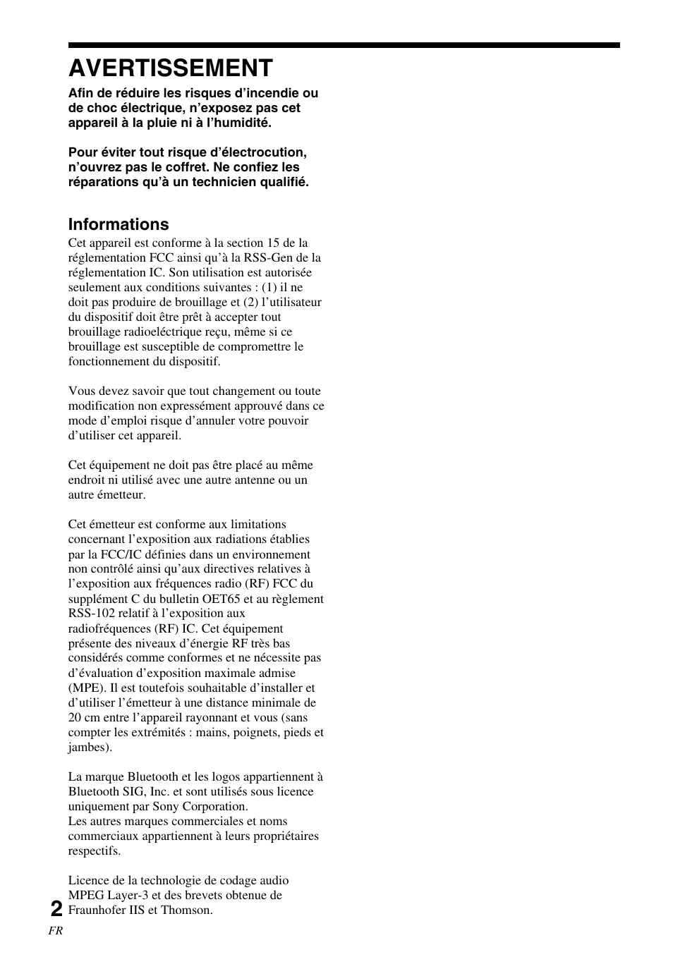 Mode d’emploi, Avertissement | Sony HWS-BTA2W User Manual | Page 24 / 68