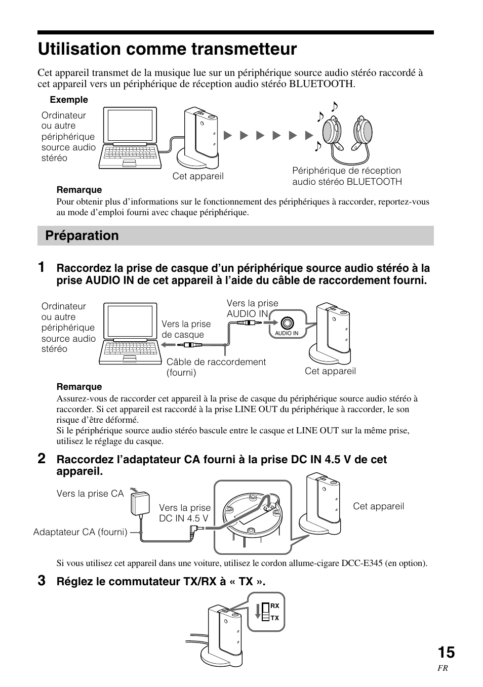 Utilisation comme transmetteur, Préparation, Utilisation comme | Transmetteur | Sony HWS-BTA2W User Manual | Page 37 / 68