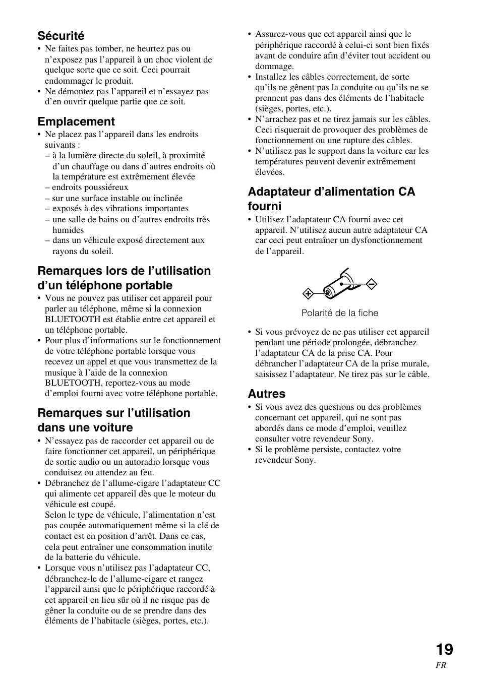 Sécurité, Emplacement, Remarques sur l’utilisation dans une voiture | Adaptateur d’alimentation ca fourni, Autres | Sony HWS-BTA2W User Manual | Page 41 / 68