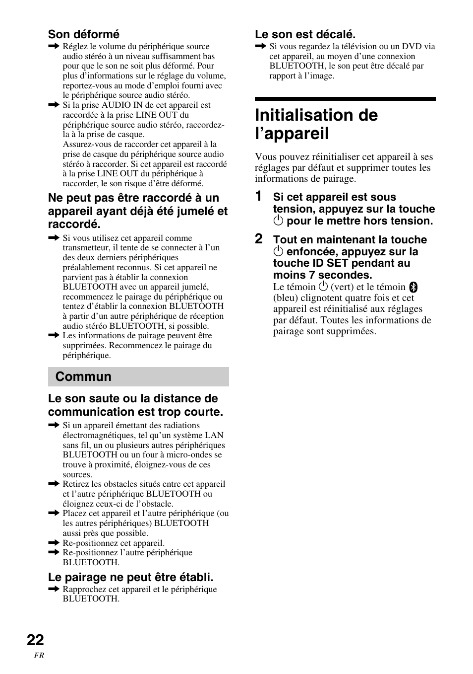Initialisation de l’appareil, Commun | Sony HWS-BTA2W User Manual | Page 44 / 68