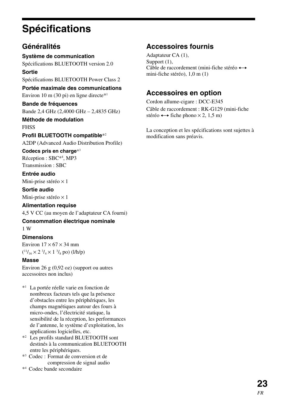 Spécifications, Généralités, Accessoires fournis | Accessoires en option | Sony HWS-BTA2W User Manual | Page 45 / 68