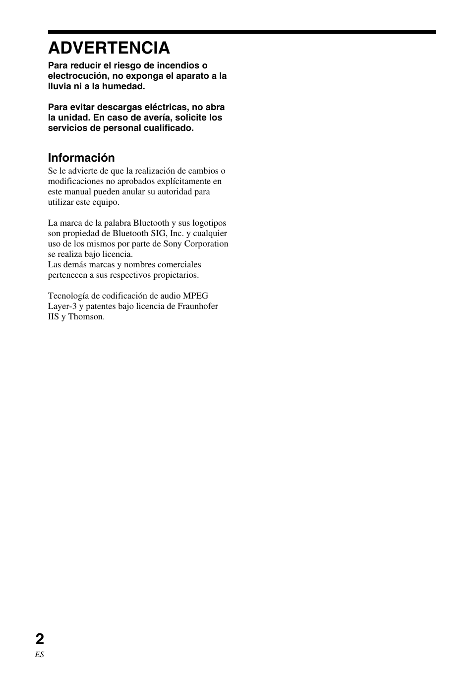 Manual de instrucciones, Advertencia | Sony HWS-BTA2W User Manual | Page 46 / 68