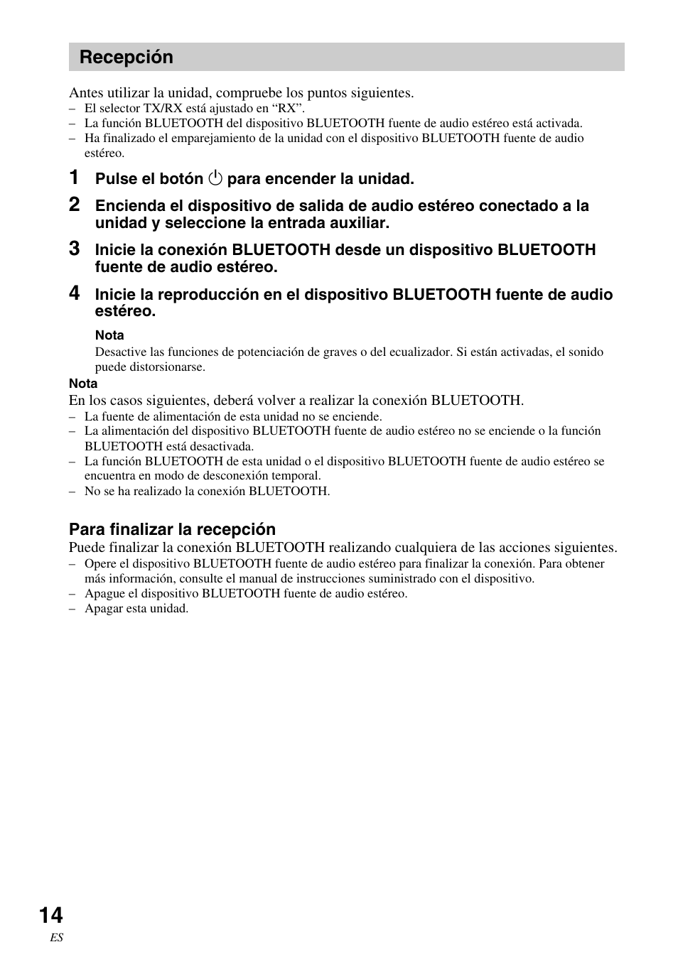 Recepción | Sony HWS-BTA2W User Manual | Page 58 / 68