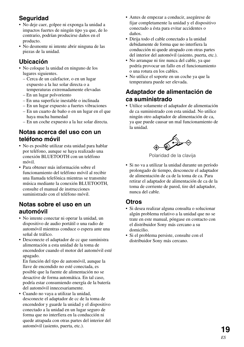 Seguridad, Ubicación, Notas acerca del uso con un teléfono móvil | Notas sobre el uso en un automóvil, Adaptador de alimentación de ca suministrado, Otros | Sony HWS-BTA2W User Manual | Page 63 / 68
