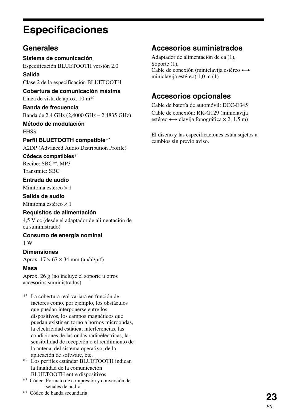 Especificaciones, Generales, Accesorios suministrados | Accesorios opcionales | Sony HWS-BTA2W User Manual | Page 67 / 68