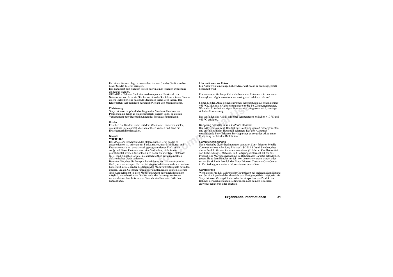 No t fo r c om me rci al u se | Sony HBH-60 User Manual | Page 31 / 95