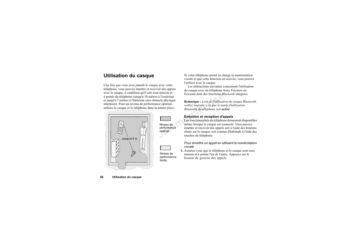 Utilisation du casque, Utilisation du casque 56, No t fo r c om me rci al u se | Sony HBH-60 User Manual | Page 56 / 95