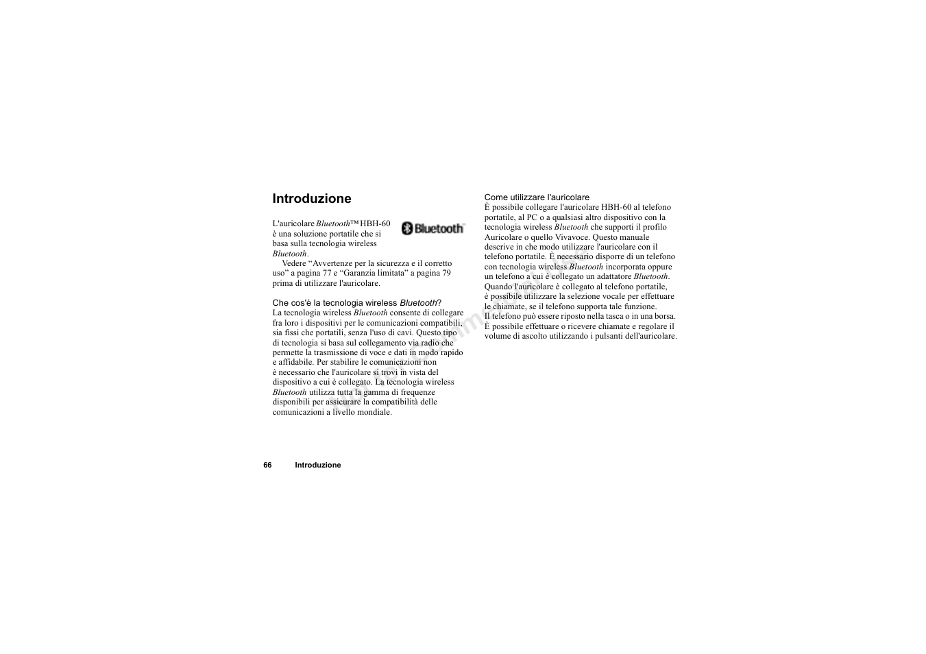 Introduzione, Introduzione 66, No t fo r c om me rci al u se | Sony HBH-60 User Manual | Page 66 / 95