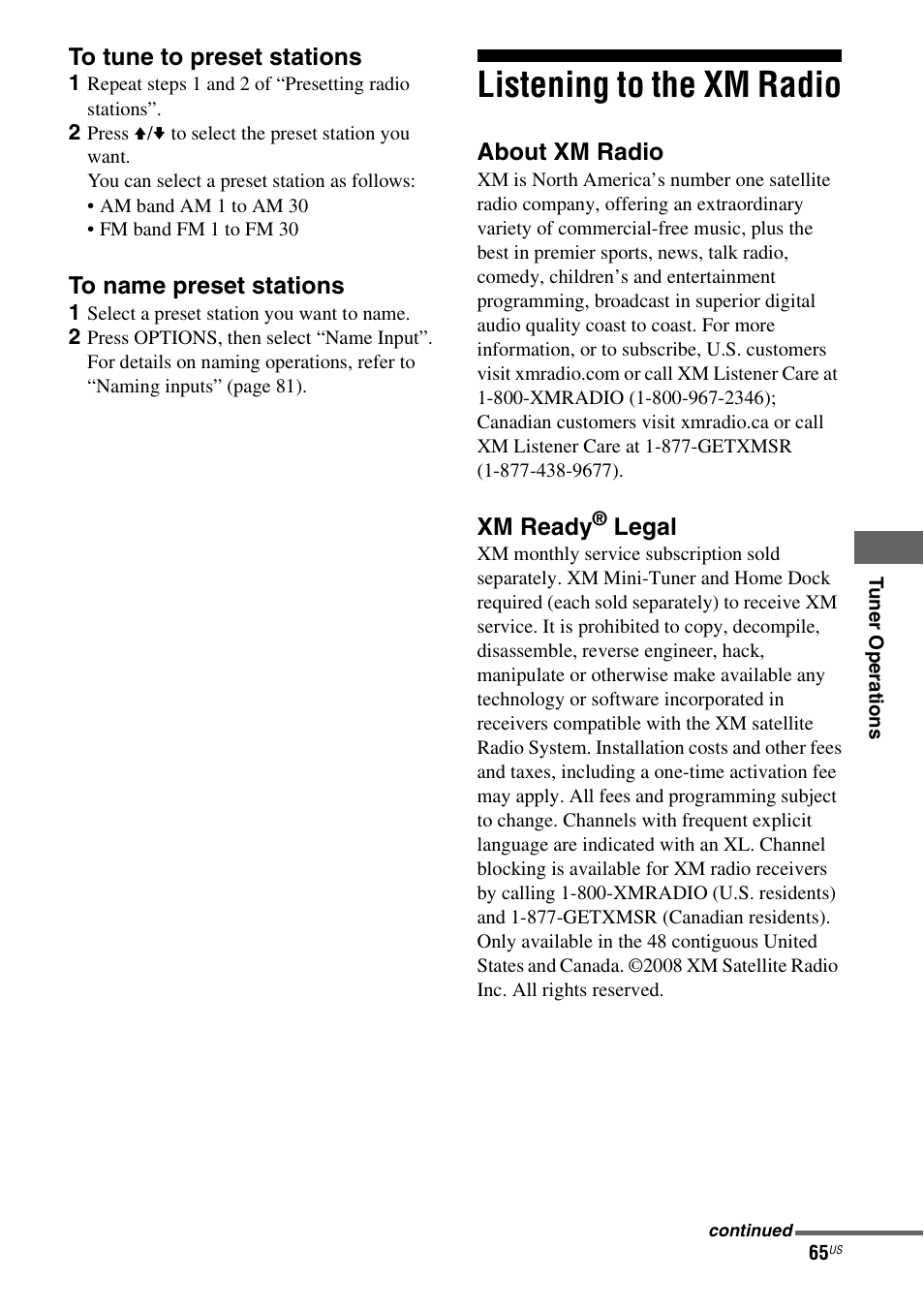 Listening to the xm radio | Sony STR-DG920 User Manual | Page 65 / 116