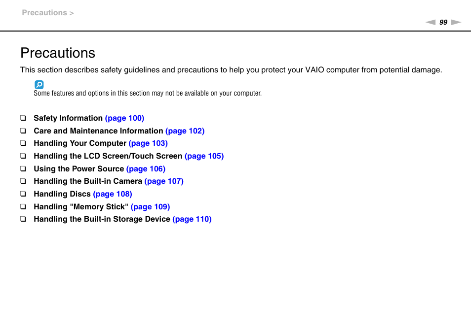 Precautions | Sony VAIO VPCJ2 User Manual | Page 99 / 157