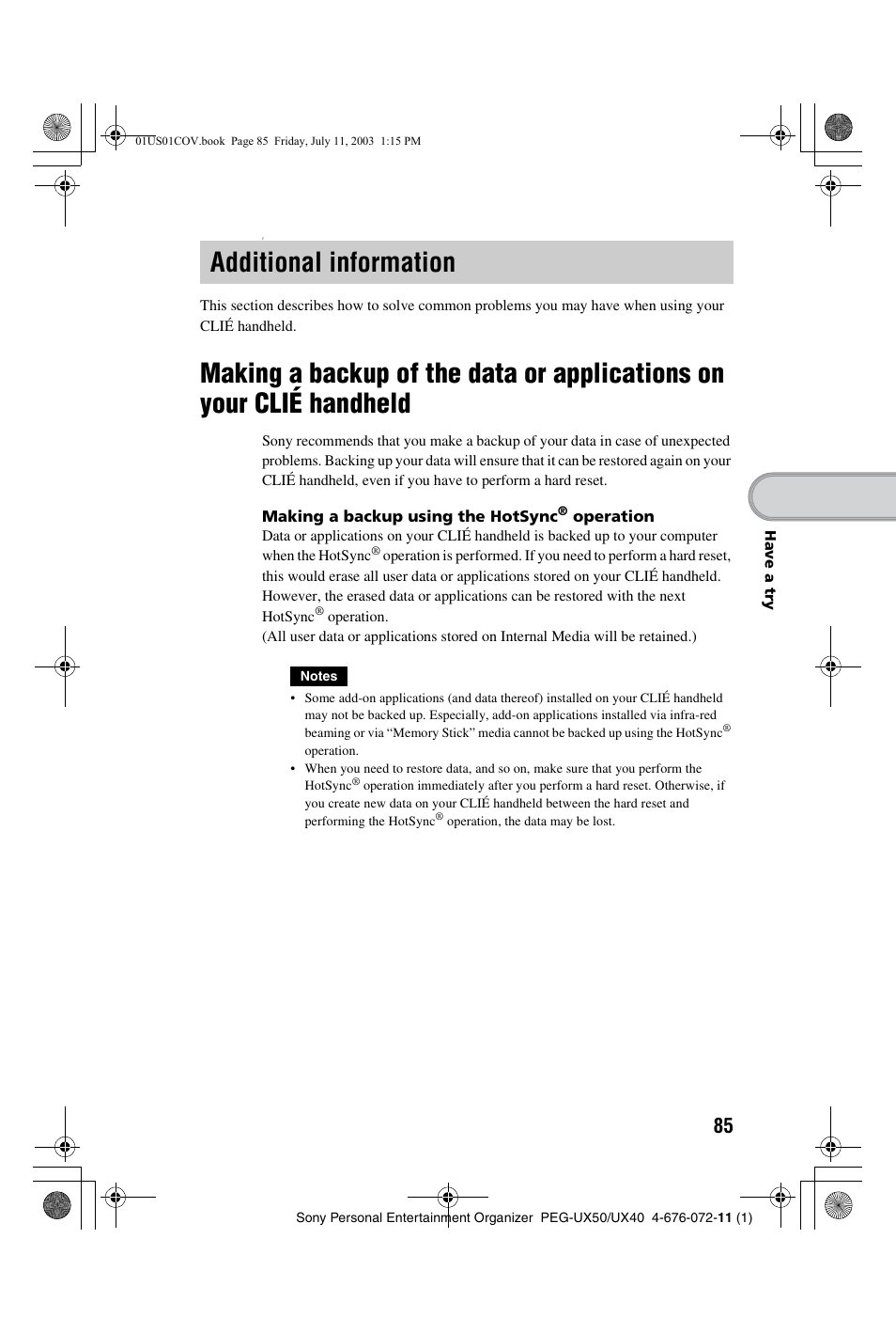 Additional information, Making a backup of the data or applications, On your clié handheld | Sony PEG-UX40 User Manual | Page 85 / 116