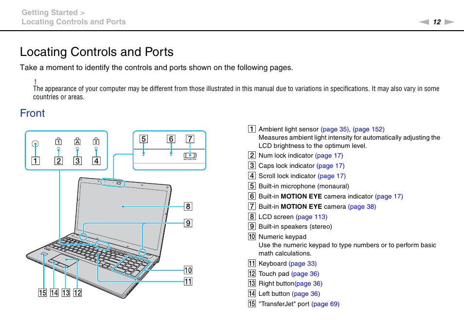 Locating controls and ports, Front | Sony VAIO VPCF11 User Manual | Page 12 / 169