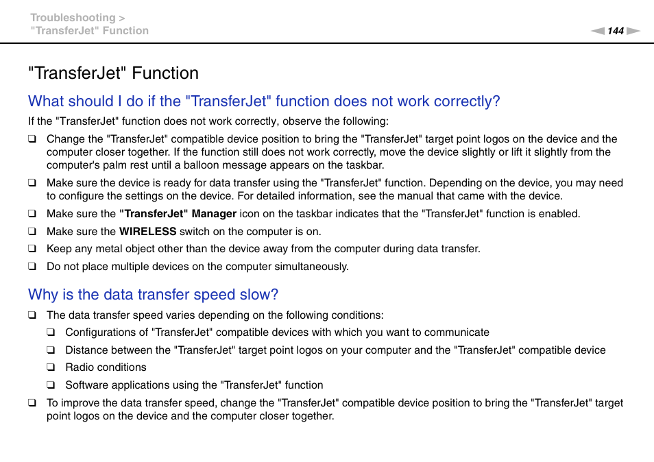 Transferjet" function, Why is the data transfer speed slow | Sony VAIO VPCF11 User Manual | Page 144 / 169