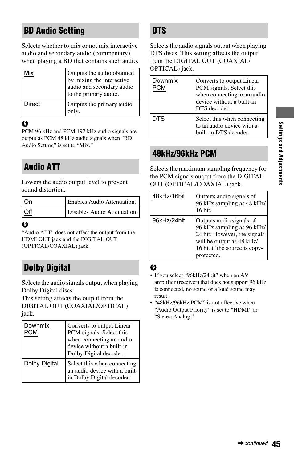 Bd audio setting, Audio att, Dolby digital | 48khz/96khz pcm | Sony BDP-S350 User Manual | Page 45 / 79