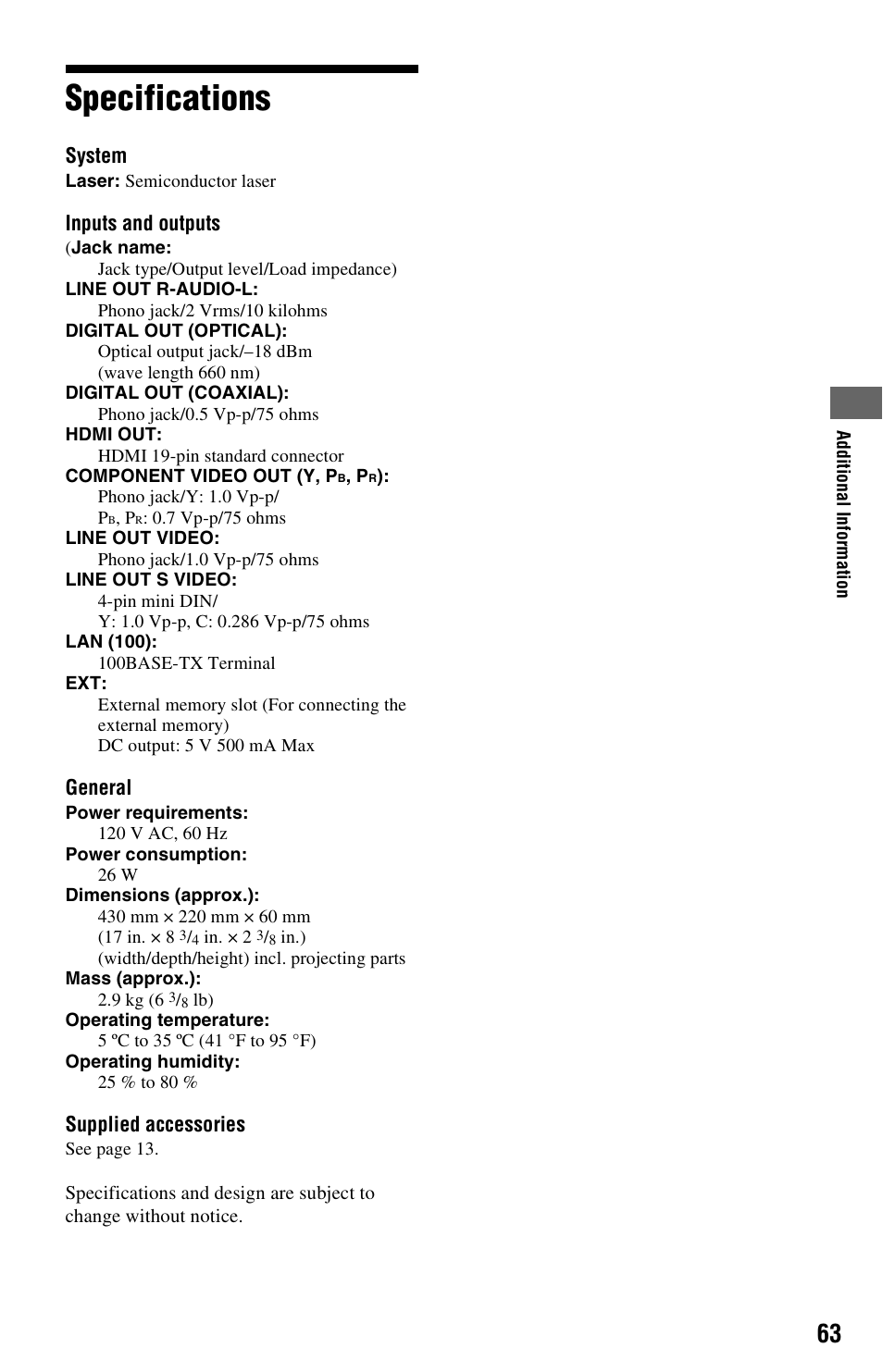 Specifications | Sony BDP-S350 User Manual | Page 63 / 79