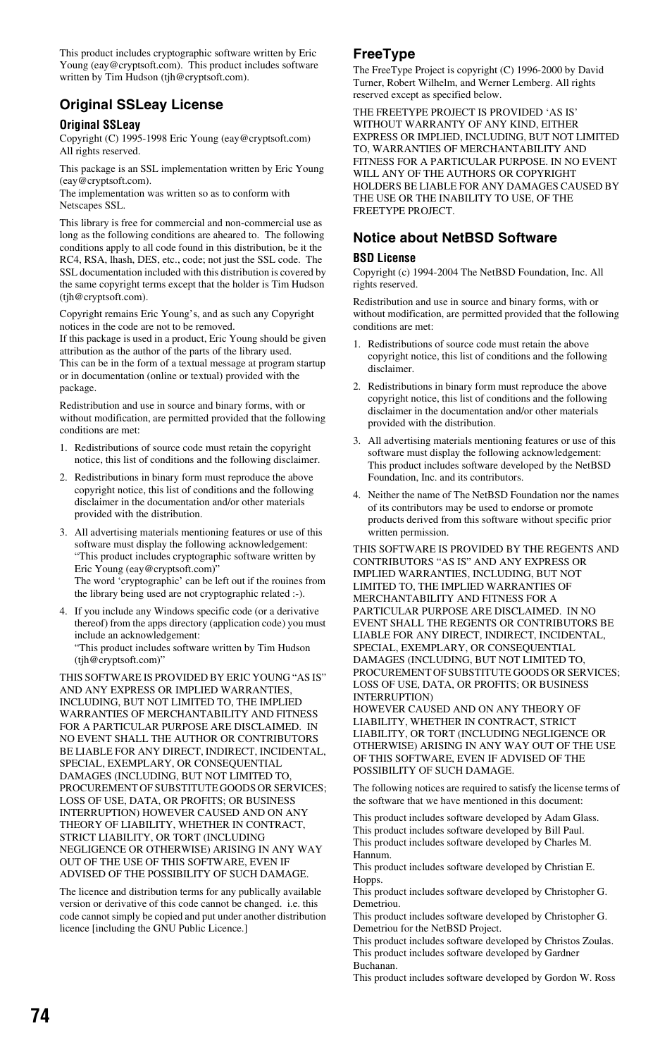 Original ssleay license, Freetype, Notice about netbsd software | Sony BDP-S350 User Manual | Page 74 / 79