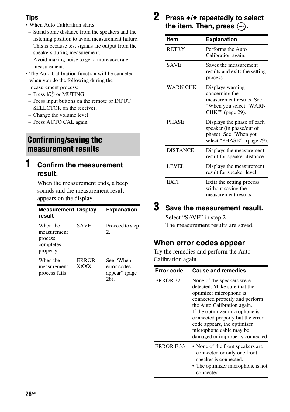 Confirming/saving the measurement results, When error codes appear | Sony HTSF2300 User Manual | Page 28 / 76