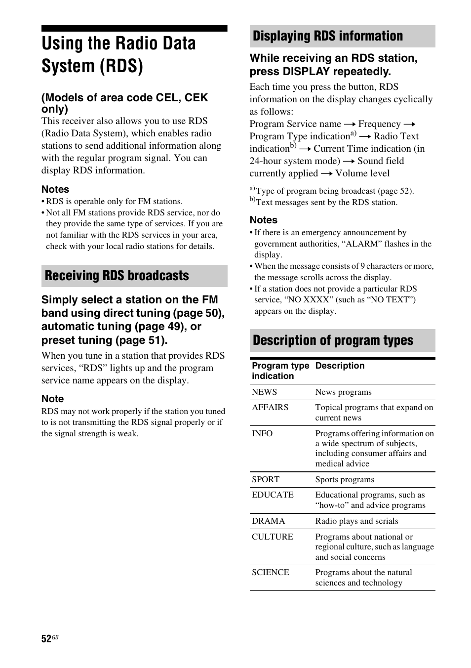 Using the radio data system (rds), Models of area code cel, cek only) | Sony HTSF2300 User Manual | Page 52 / 76