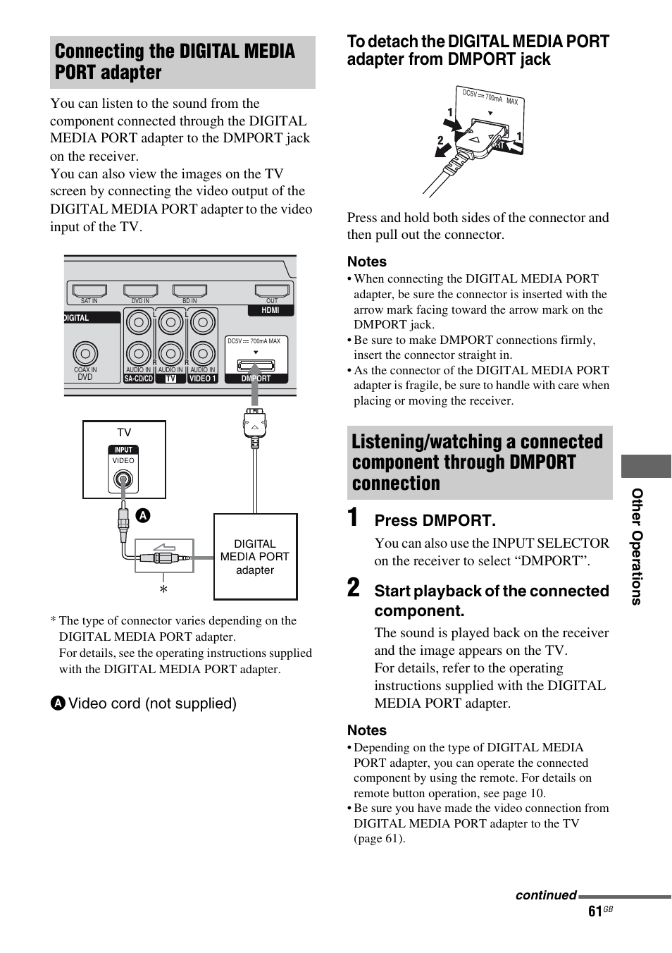 Connecting the digital media port adapter, Press dmport, Start playback of the connected component | Avideo cord (not supplied) a | Sony HTSF2300 User Manual | Page 61 / 76