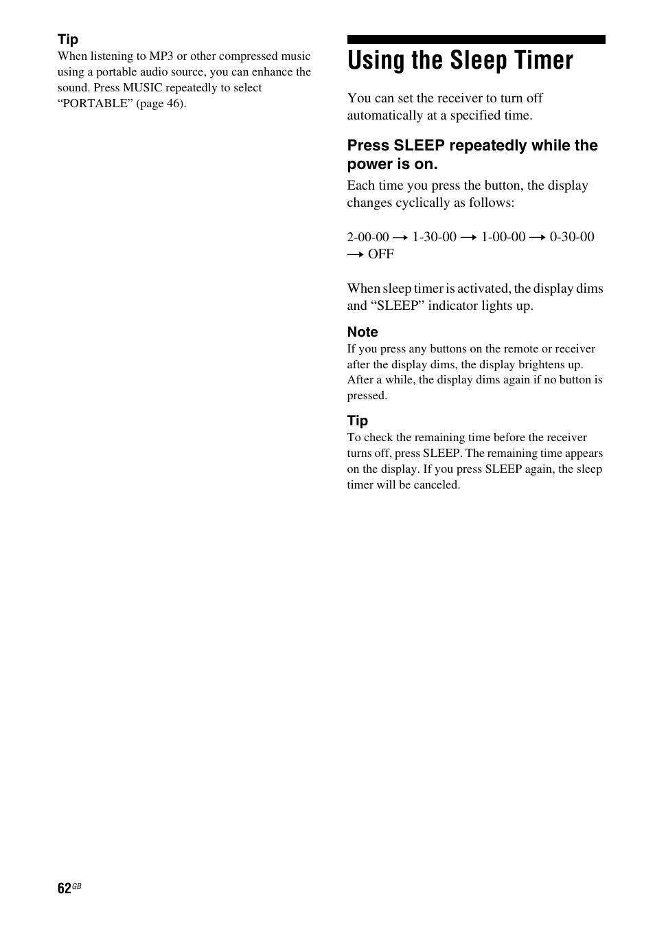 Using the sleep timer | Sony HTSF2300 User Manual | Page 62 / 76