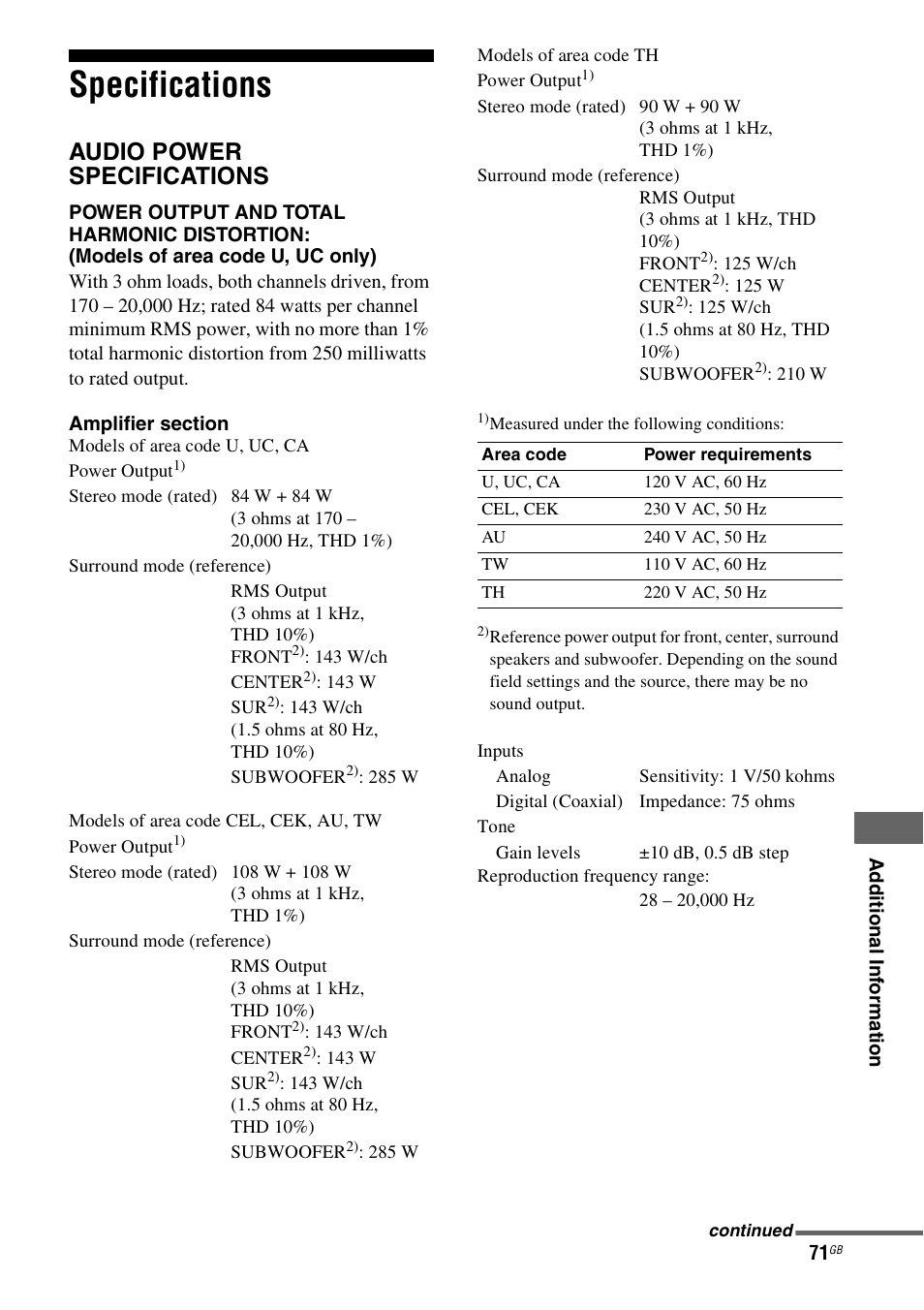 Specifications, Audio power specifications | Sony HTSF2300 User Manual | Page 71 / 76