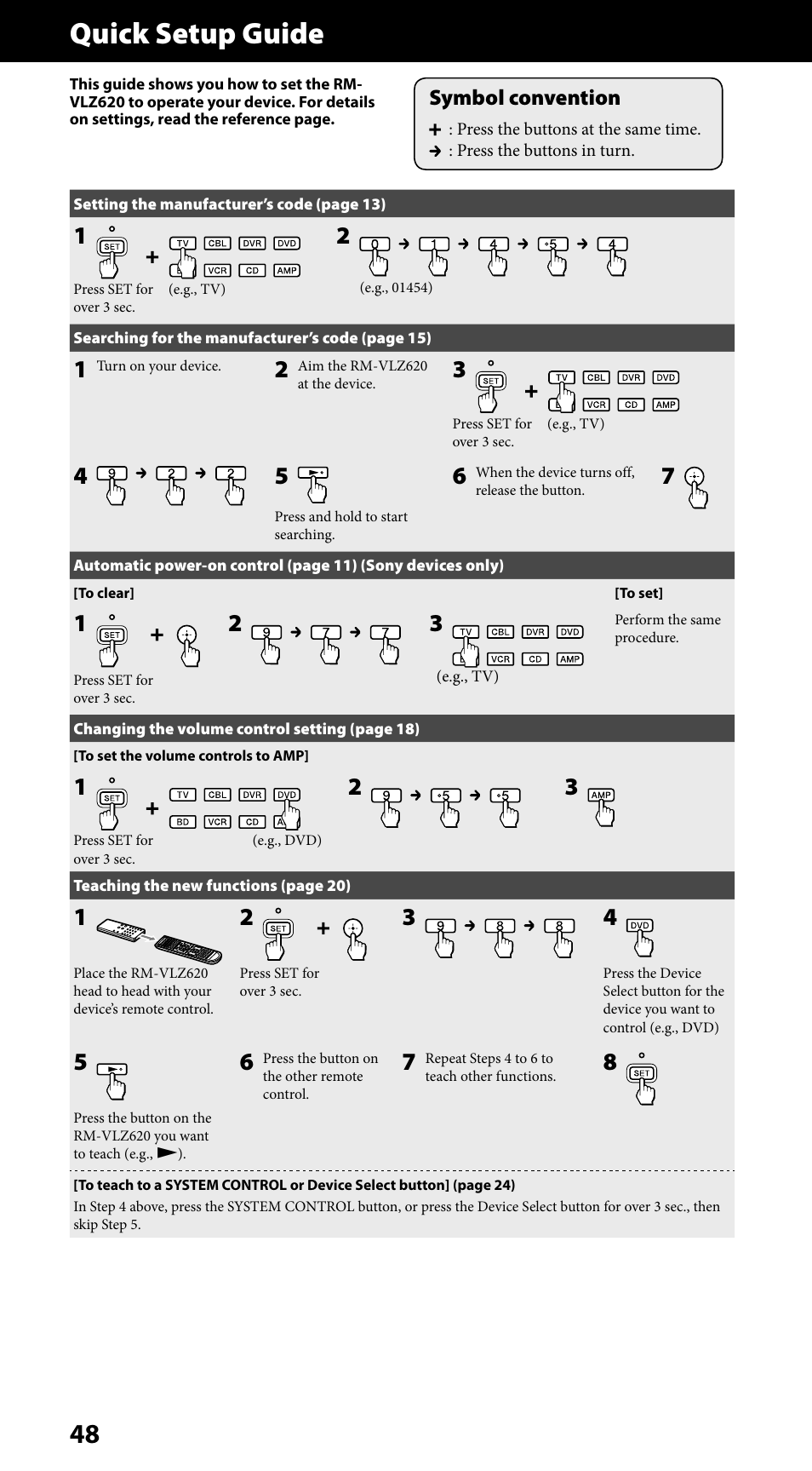 Quick setup guide, Symbol convention | Sony RM-VLZ620 User Manual | Page 48 / 52