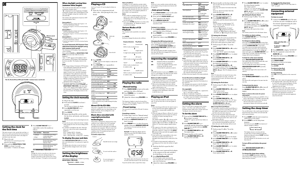 Setting the clock manually, Setting the brightness of the display, Playing a cd | Setting the clock for the first time, Playing the radio, Improving the reception, Playing an ipod, Setting the alarm, Setting the sleep timer, Connecting external equipment | Sony DREAM MACHINE 4-115-539-45(1) User Manual | Page 2 / 2