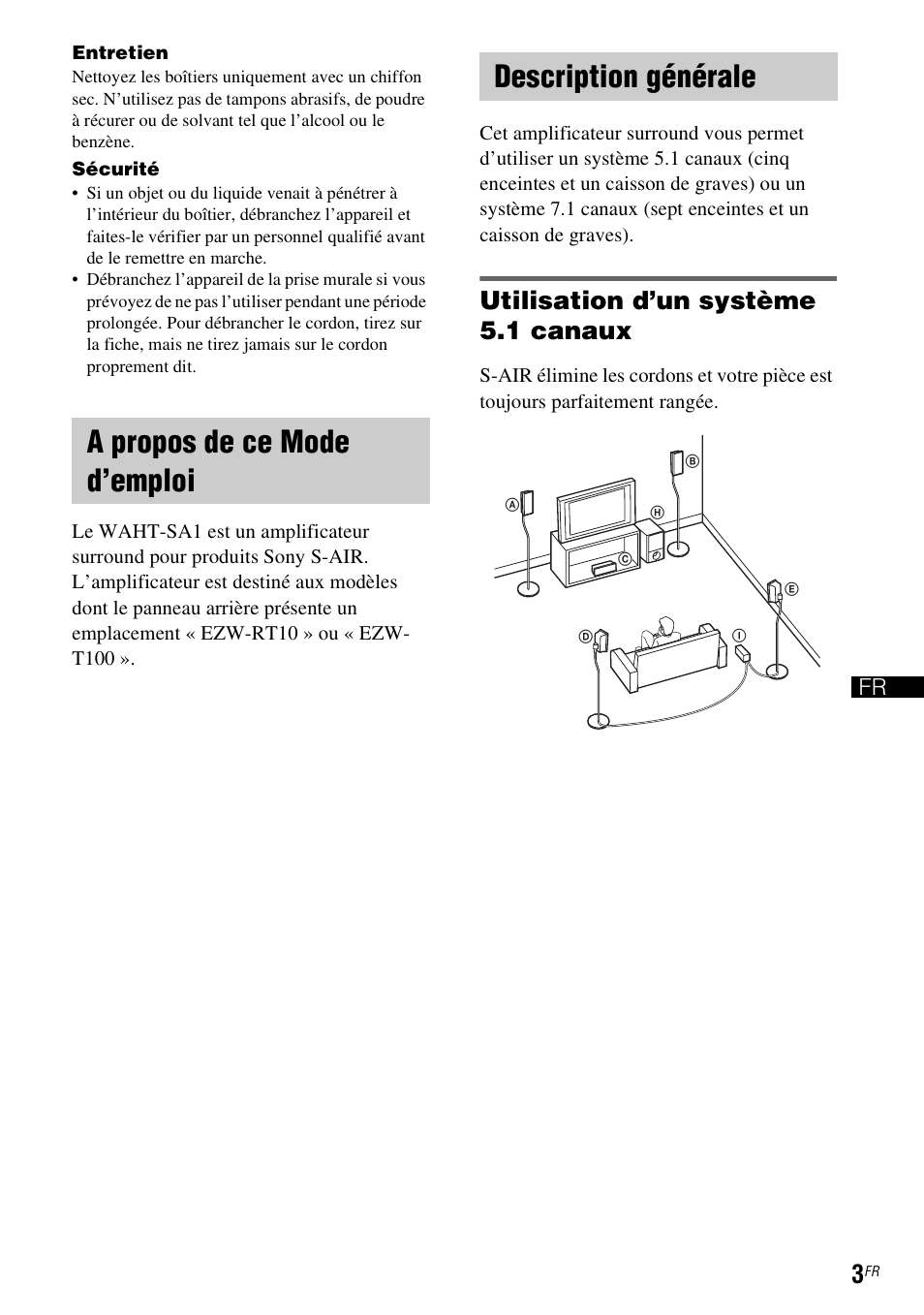 A propos de ce mode d’emploi, Description générale, A propos de ce mode d’emploi description générale | Utilisation d’un système 5.1 canaux | Sony WAHT-SA1 User Manual | Page 17 / 48