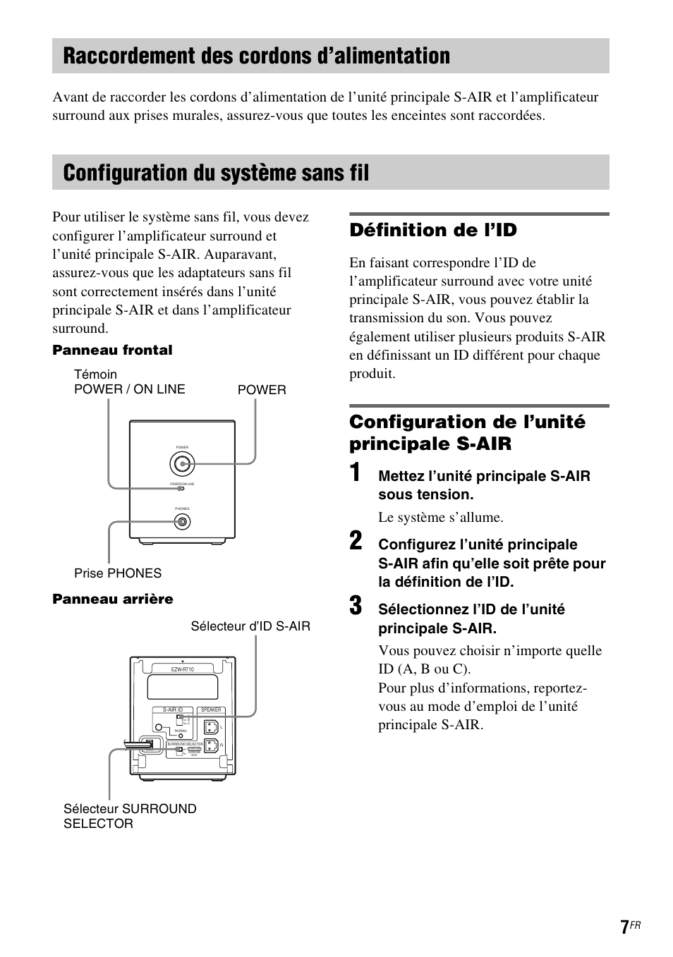 Raccordement des cordons d’alimentation, Configuration du système sans fil, Définition de l’id | Configuration de l’unité principale s-air, Panneau frontal panneau arrière | Sony WAHT-SA1 User Manual | Page 21 / 48
