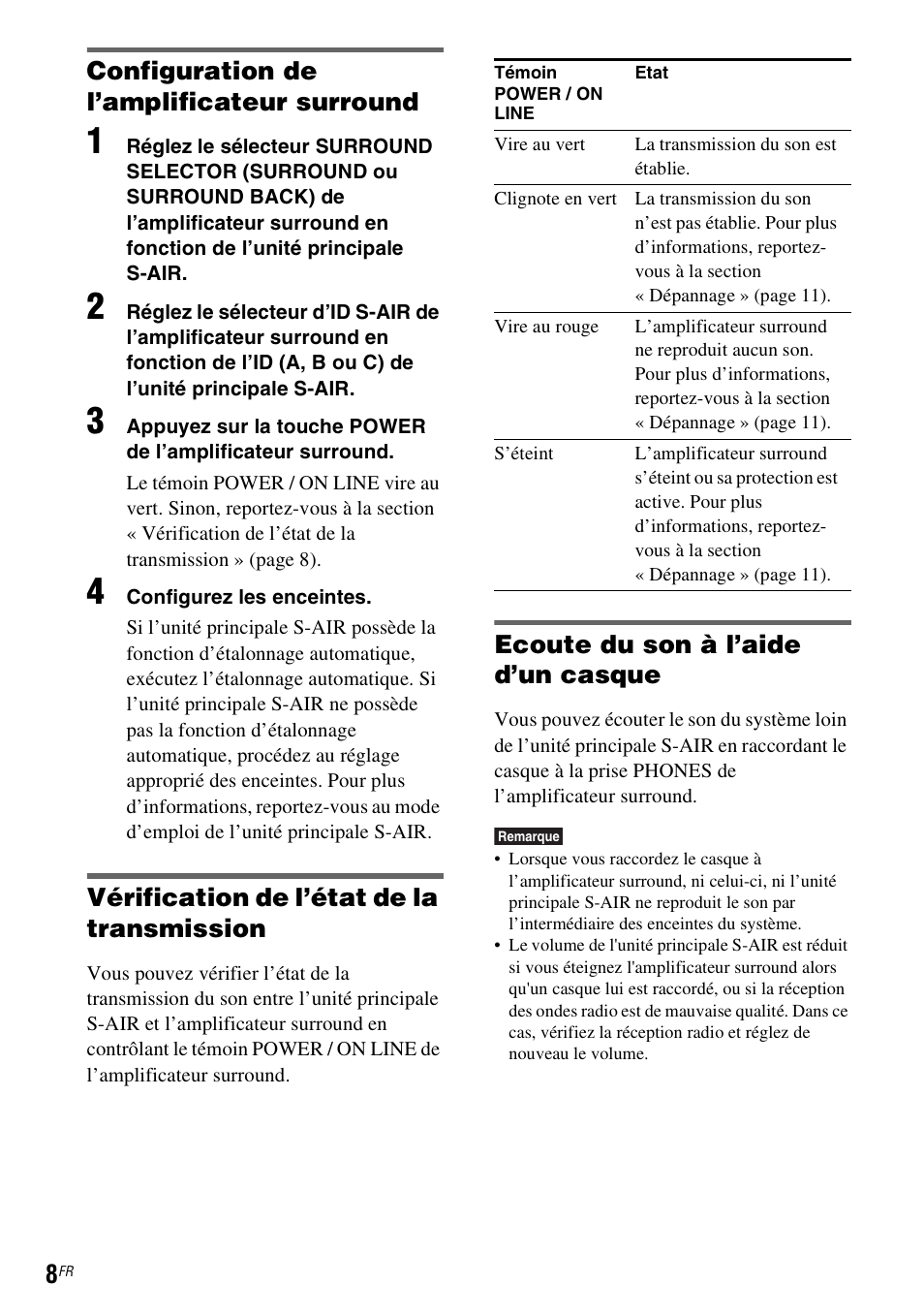 Configuration de l’amplificateur surround, Vérification de l’état de la transmission, Ecoute du son à l’aide d’un casque | Sony WAHT-SA1 User Manual | Page 22 / 48