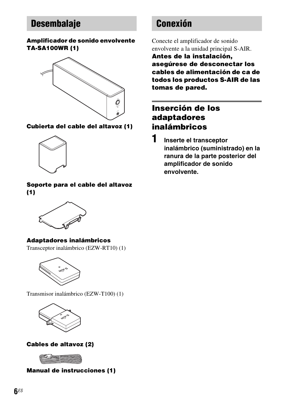 Desembalaje, Conexión, Inserción de los adaptadores inalámbricos | Sony WAHT-SA1 User Manual | Page 34 / 48